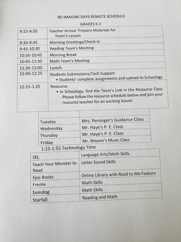 Reimagine Schedule for April 1922nd Sun Valley Elementary