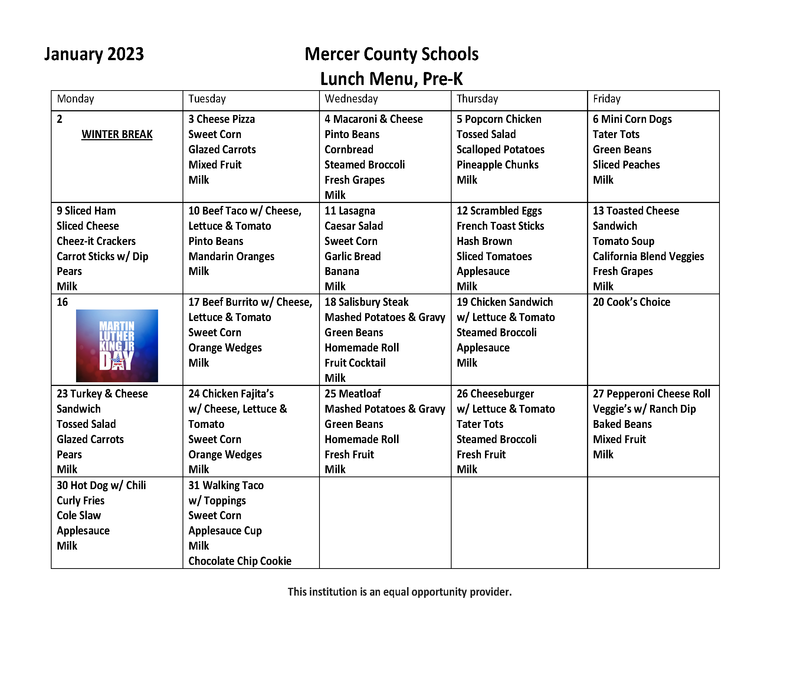 January 2023 Menus Bluefield Primary