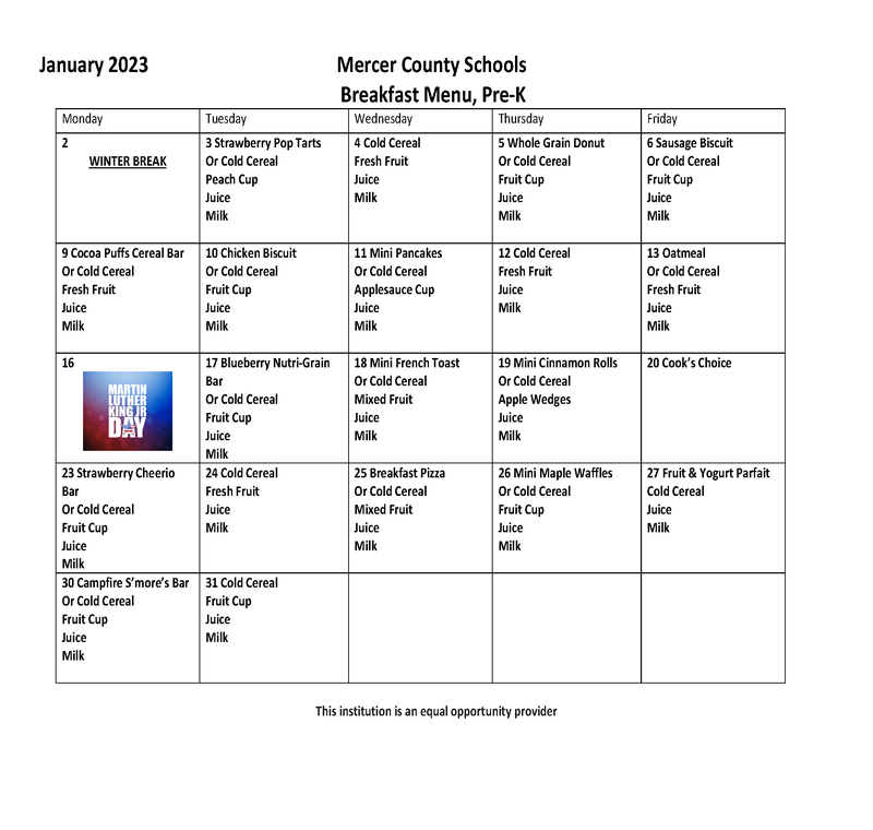 January 2023 Menus Brushfork Elementary